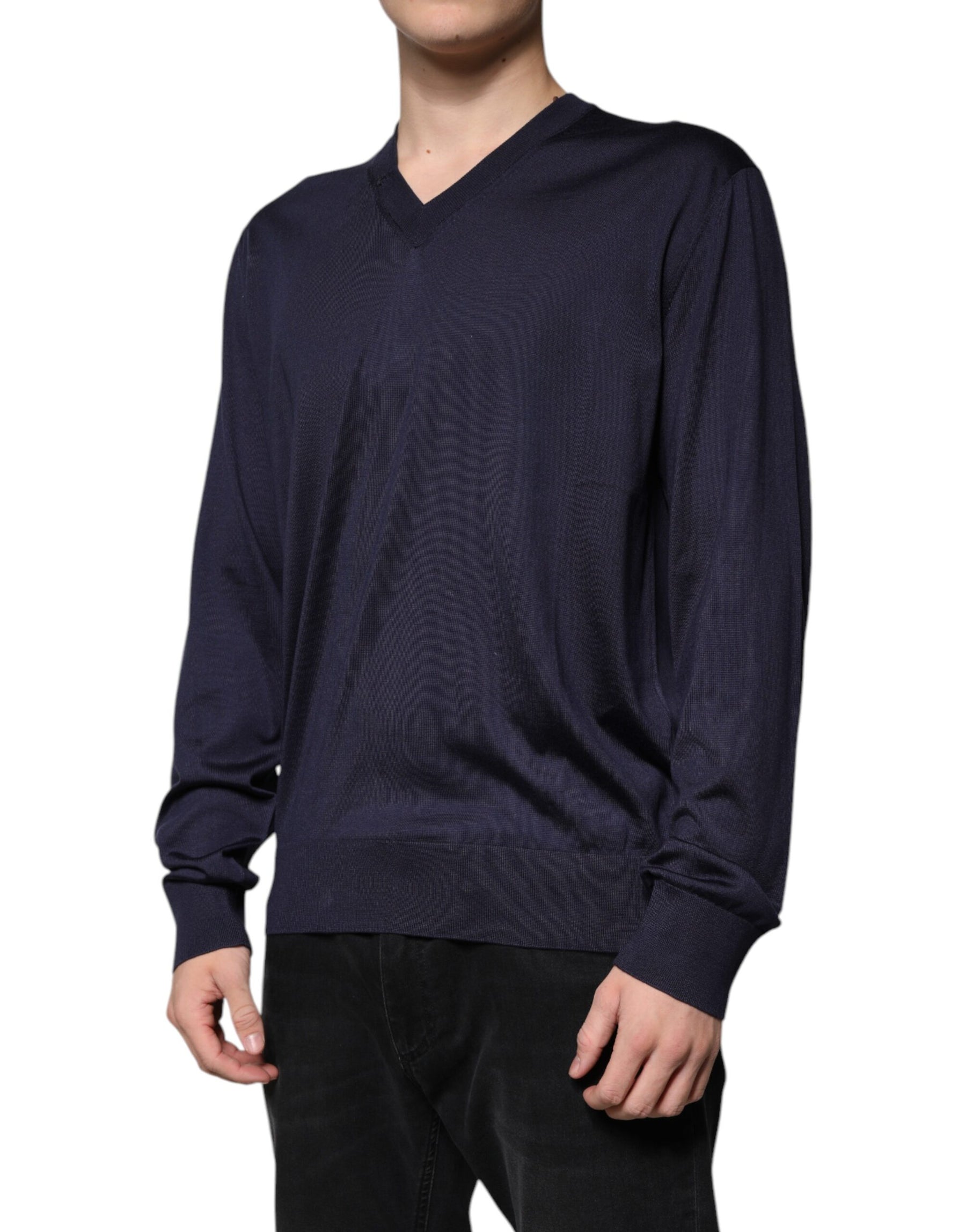 Dolce & Gabbana Navy Blue Silk V-neck Pullover Sweater | Regal Royce