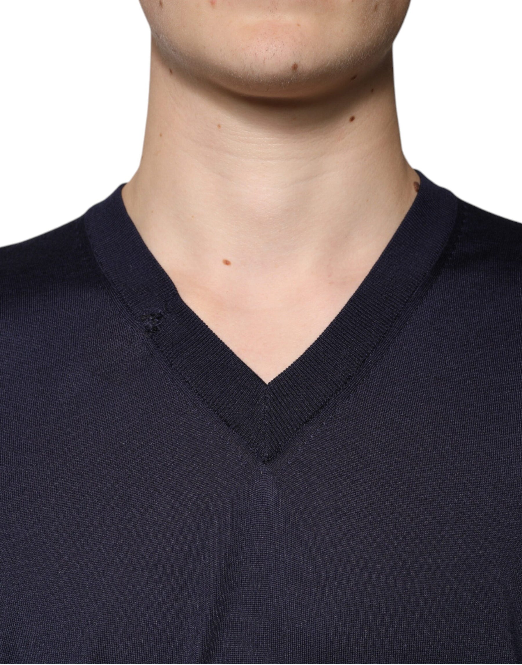 Dolce & Gabbana Navy Blue Silk V-neck Pullover Sweater | Regal Royce