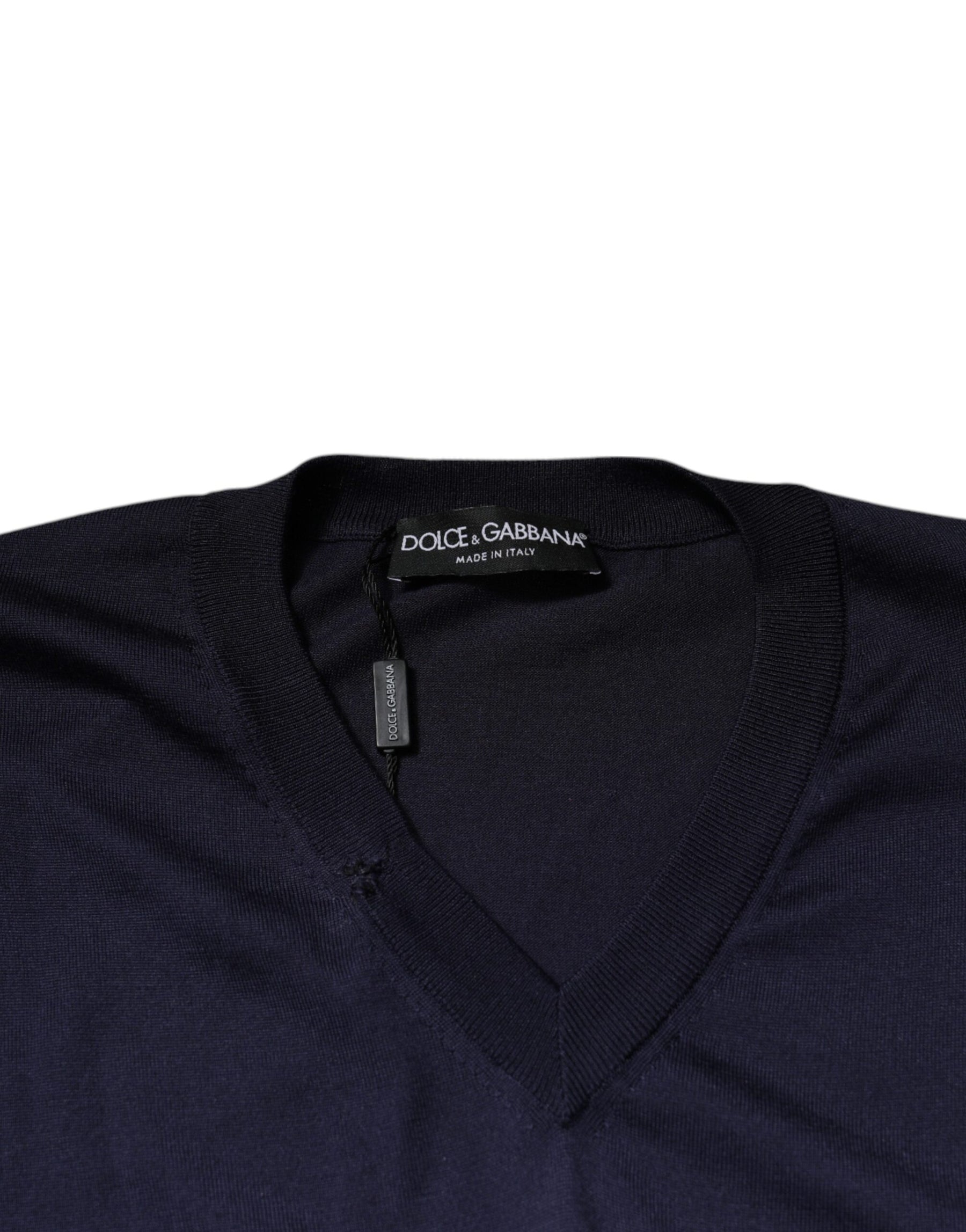 Dolce & Gabbana Navy Blue Silk V-neck Pullover Sweater | Regal Royce