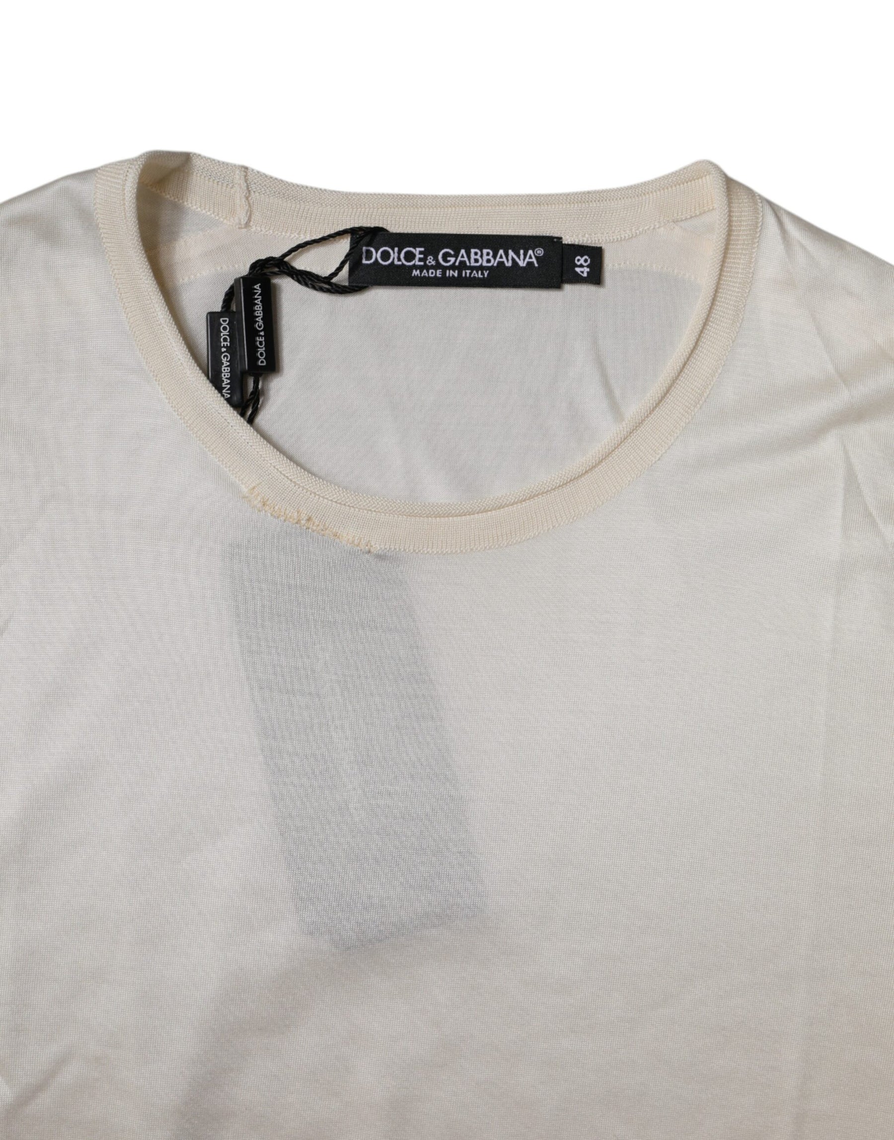 Dolce & Gabbana Off White Silk Crew Neck Short Sleeve T-shirt | Regal Royce