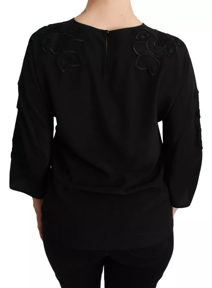 Dolce & Gabbana Black Floral Embroidered Blouse Silk Top | Regal Royce