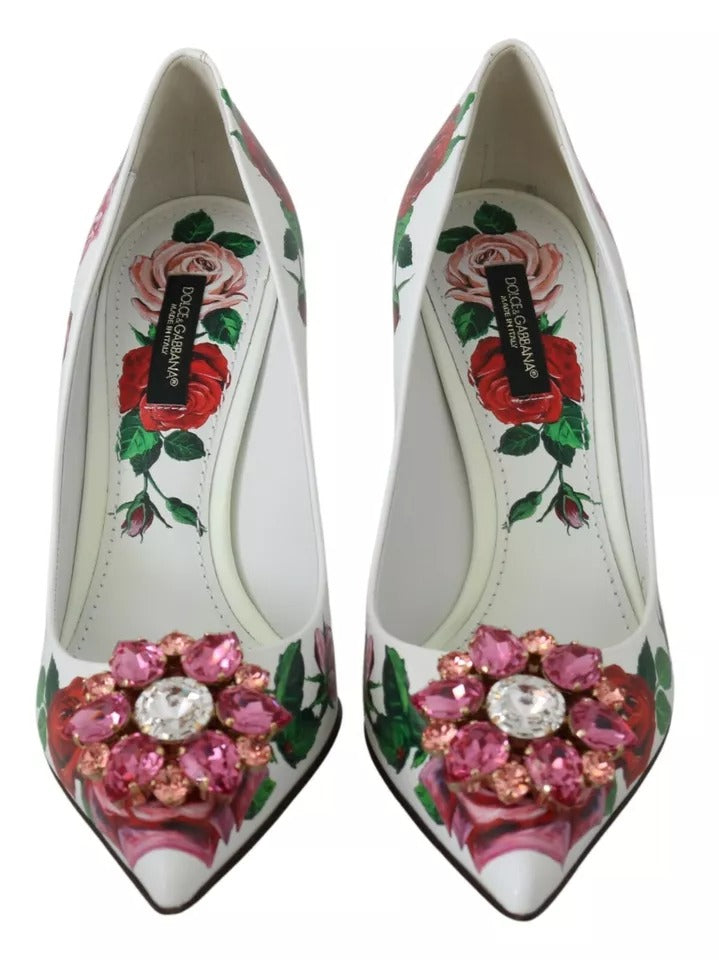 Dolce & Gabbana White Leather Roses Crystal Pumps Shoes | Regal Royce