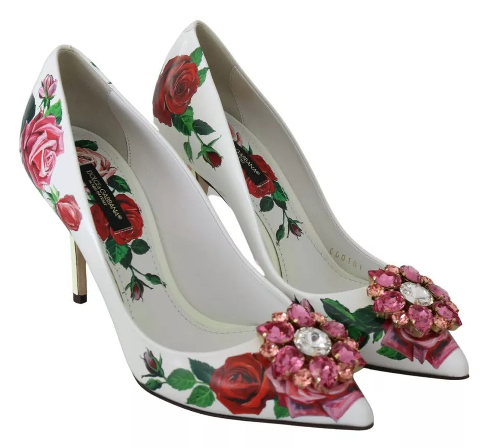 Dolce & Gabbana White Leather Roses Crystal Pumps Shoes | Regal Royce