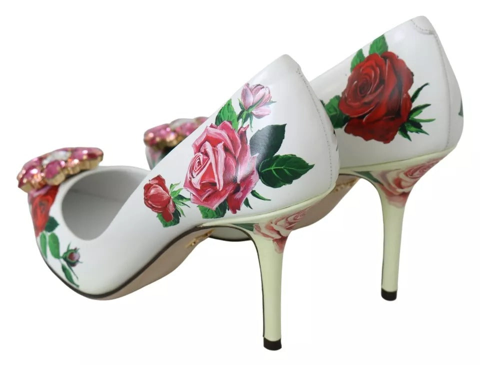 Dolce & Gabbana White Leather Roses Crystal Pumps Shoes | Regal Royce