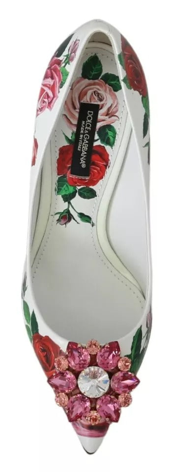 Dolce & Gabbana White Leather Roses Crystal Pumps Shoes | Regal Royce