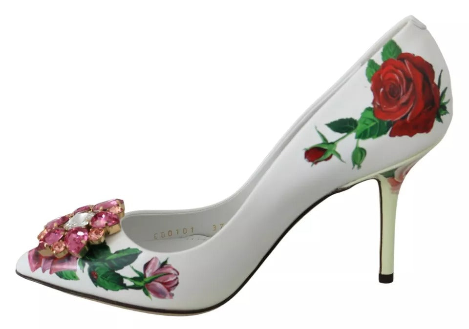 Dolce & Gabbana White Leather Roses Crystal Pumps Shoes | Regal Royce