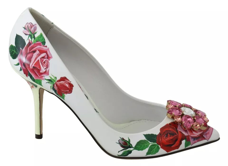 Dolce & Gabbana White Leather Roses Crystal Pumps Shoes | Regal Royce