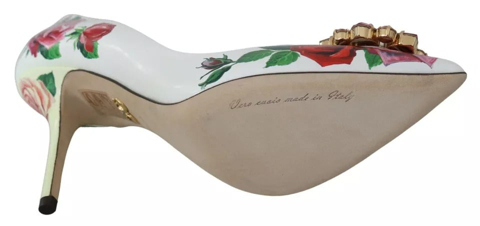 Dolce & Gabbana White Leather Roses Crystal Pumps Shoes | Regal Royce