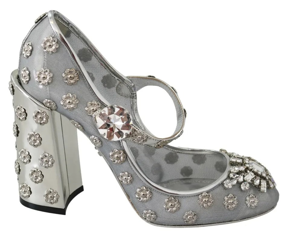 Dolce & Gabbana Silver Crystal Studs Heels Mary Janes Pumps Shoes | Regal Royce