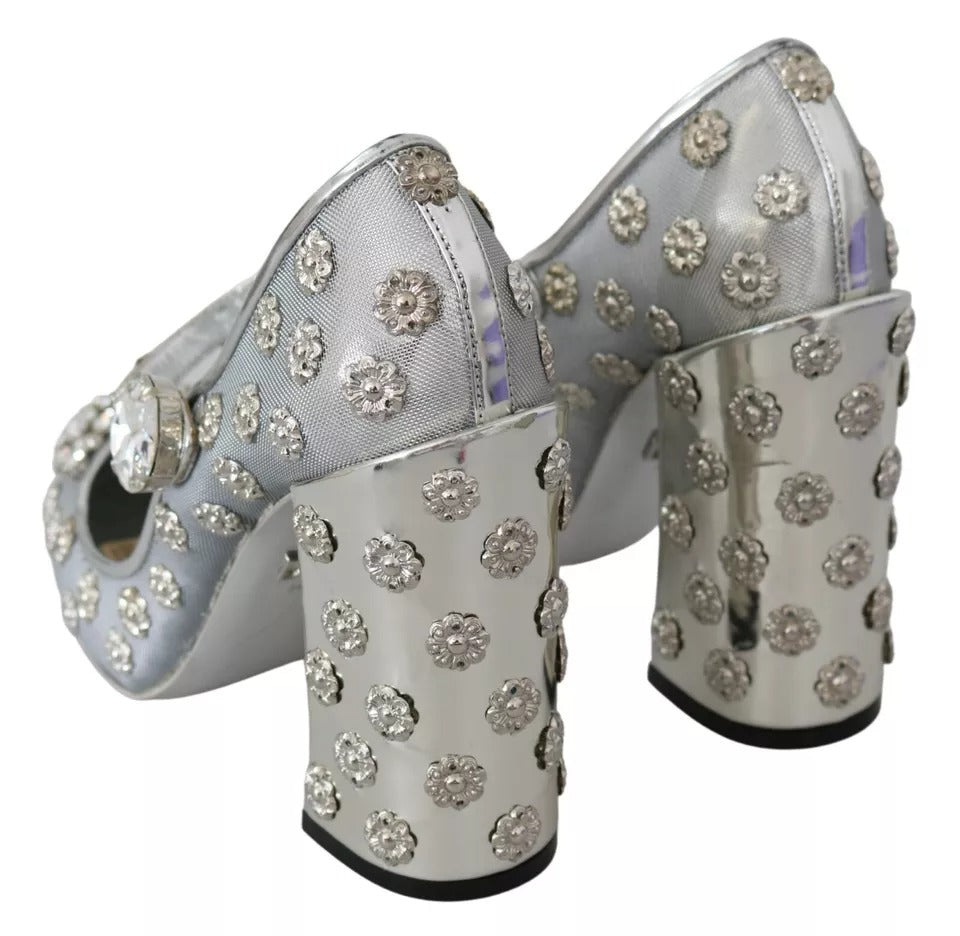 Dolce & Gabbana Silver Crystal Studs Heels Mary Janes Pumps Shoes | Regal Royce