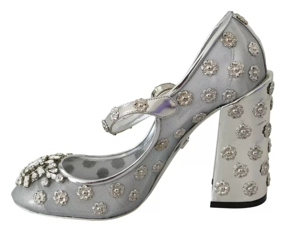 Dolce & Gabbana Silver Crystal Studs Heels Mary Janes Pumps Shoes | Regal Royce