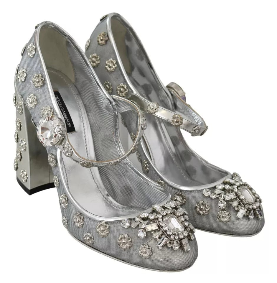 Dolce & Gabbana Silver Crystal Studs Heels Mary Janes Pumps Shoes | Regal Royce