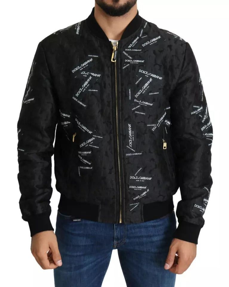 Dolce & Gabbana Black Logo Patch Brocade Bomber Full Zip Jacket | Regal Royce