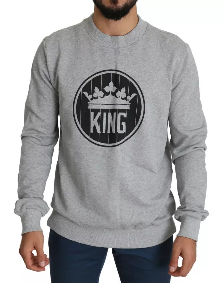 Dolce & Gabbana Gray Crown King Print Cotton Pullover Sweater | Regal Royce