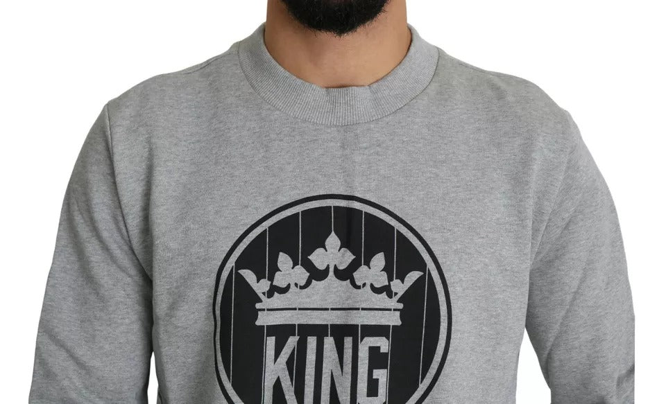 Dolce & Gabbana Gray Crown King Print Cotton Pullover Sweater | Regal Royce