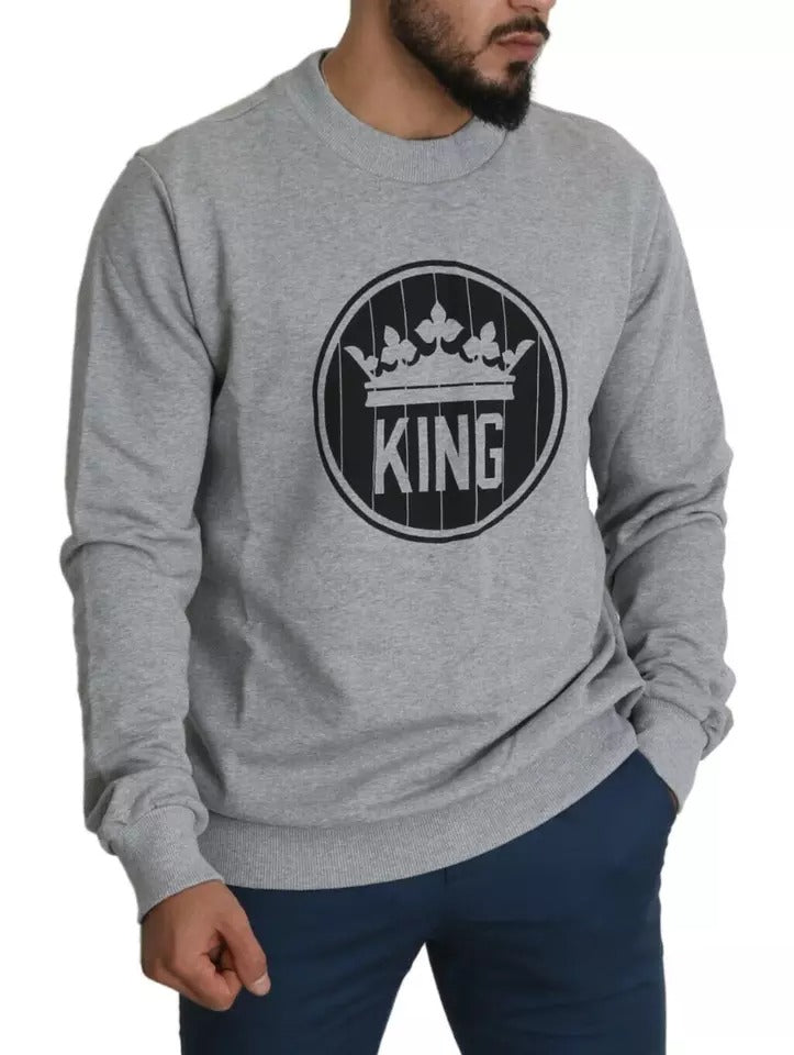 Dolce & Gabbana Gray Crown King Print Cotton Pullover Sweater | Regal Royce
