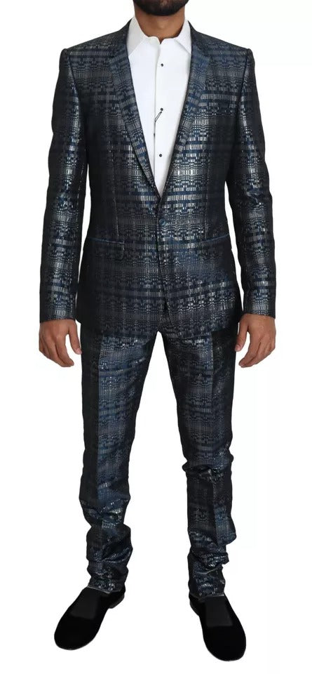 Dolce & Gabbana Blue Silver Shiny 2 Piece Slim GOLD Suit | Regal Royce