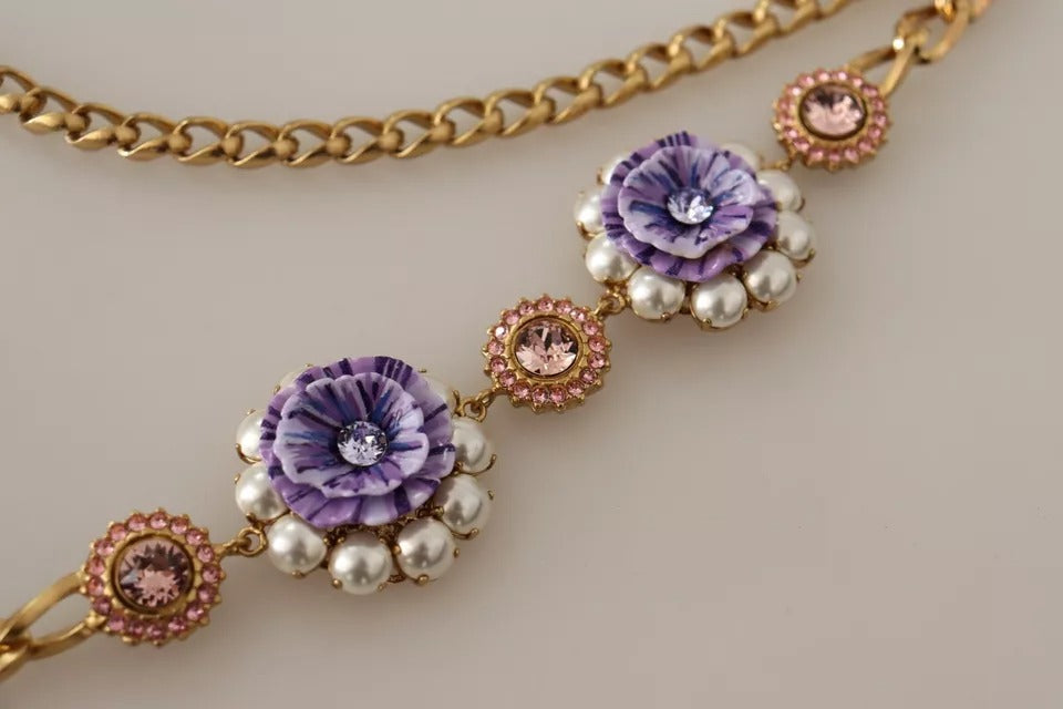 Dolce & Gabbana Gold Tone Floral Crystals Purple Embellished Necklace | Regal Royce