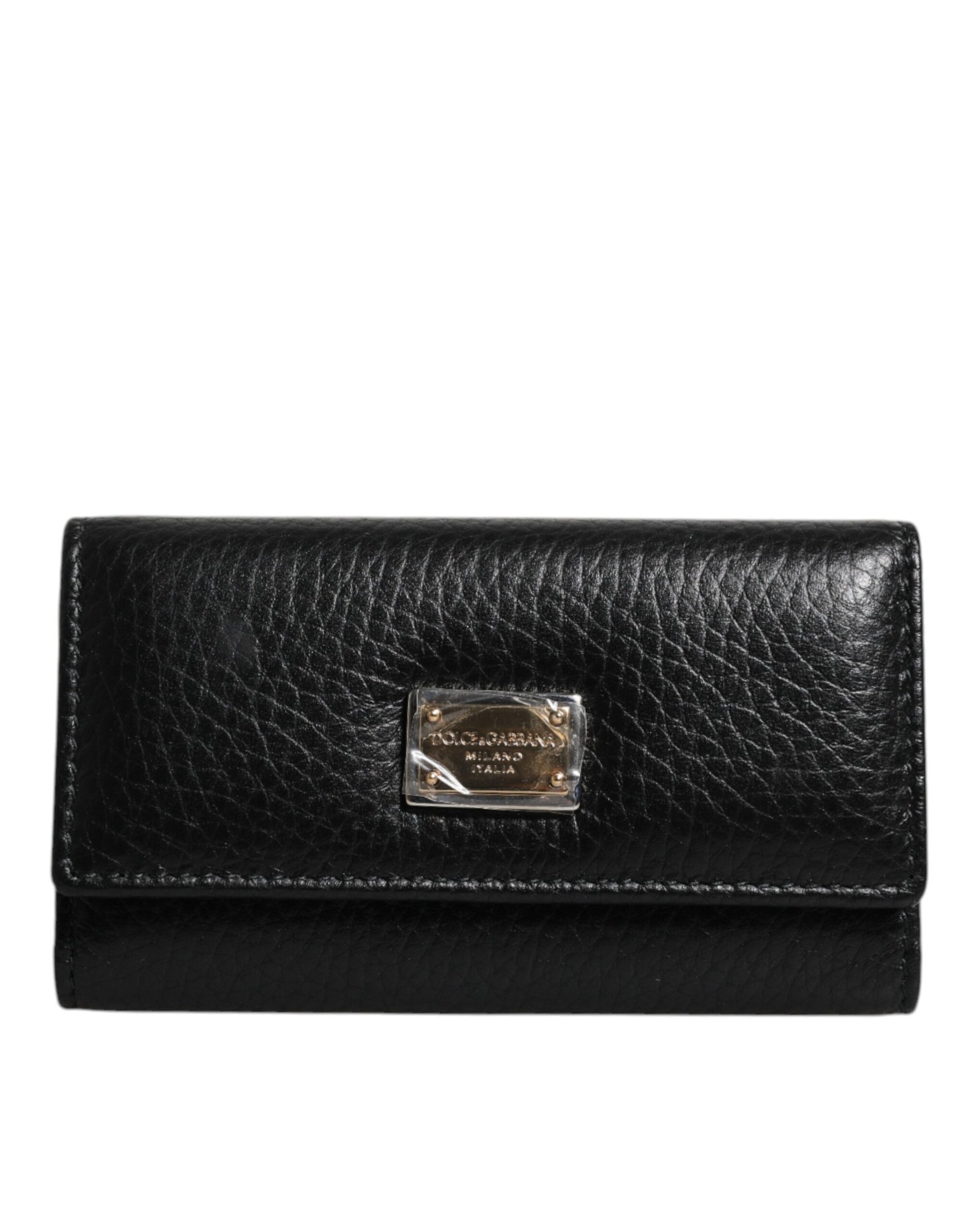 Dolce & Gabbana Black Leather Gold Metal Logo Plaque Trifold Keyring | Regal Royce
