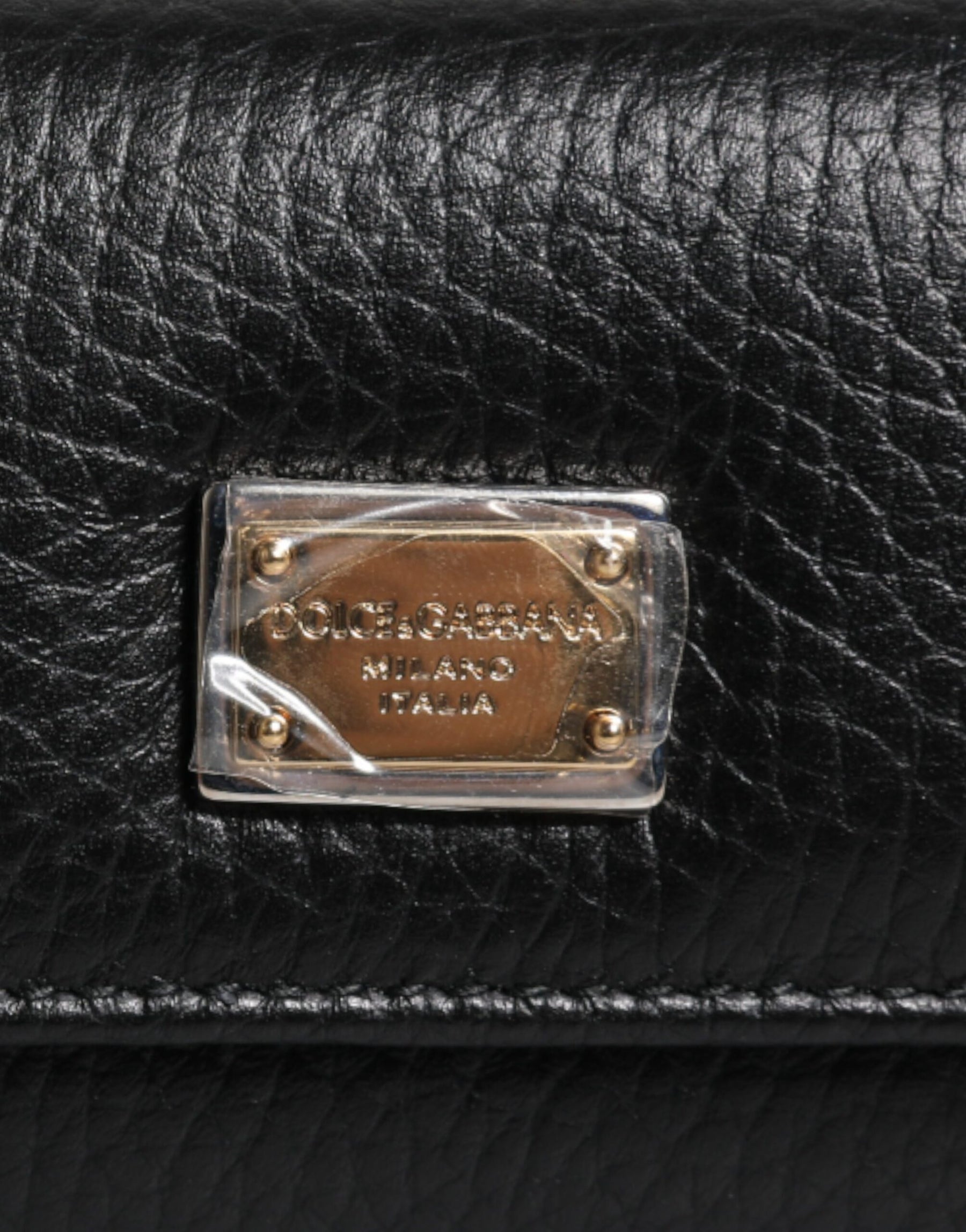 Dolce & Gabbana Black Leather Gold Metal Logo Plaque Trifold Keyring | Regal Royce