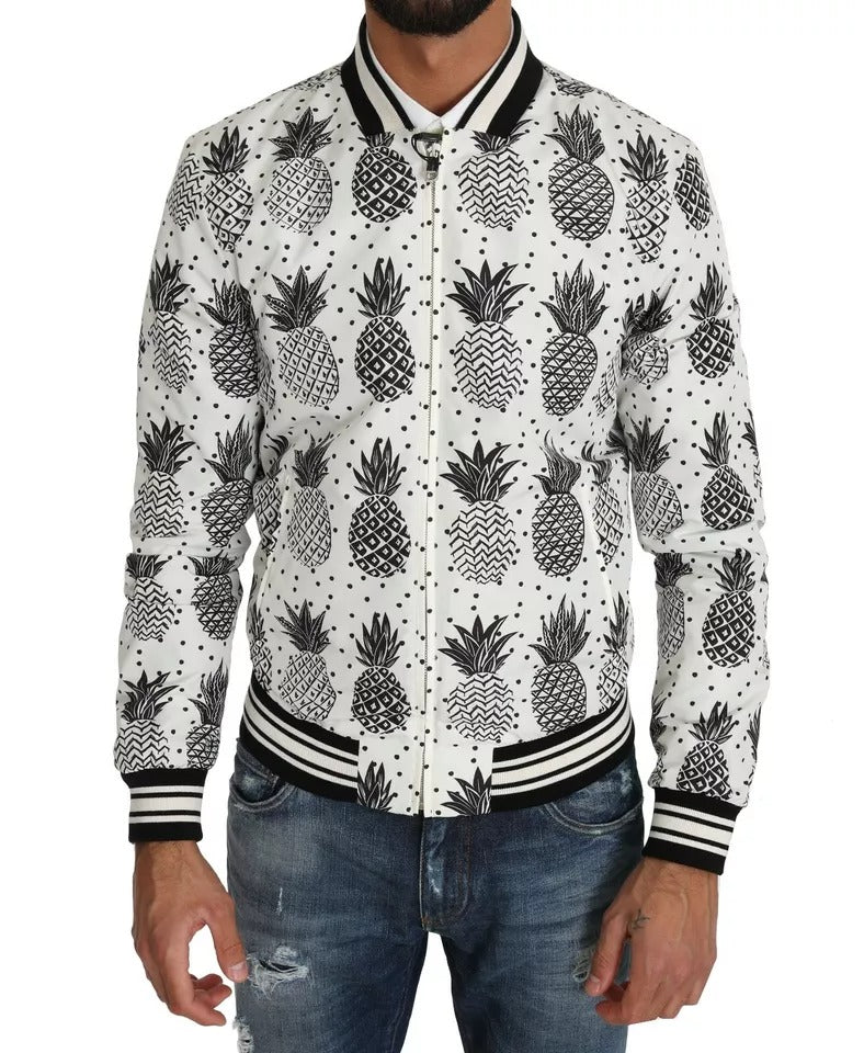Dolce & Gabbana White Black Pineapple Bomber Coat Jacket | Regal Royce