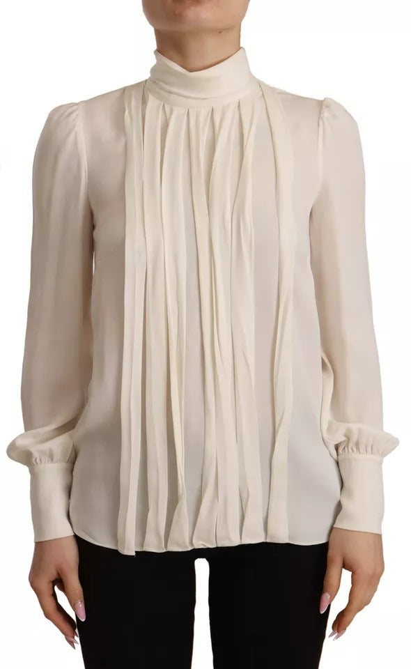Dolce & Gabbana Off White Silk Long Sleeve Turtle Neck Top | Regal Royce