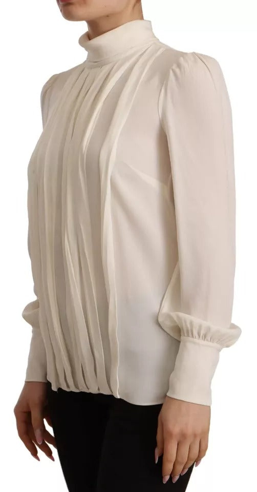 Dolce & Gabbana Off White Silk Long Sleeve Turtle Neck Top | Regal Royce