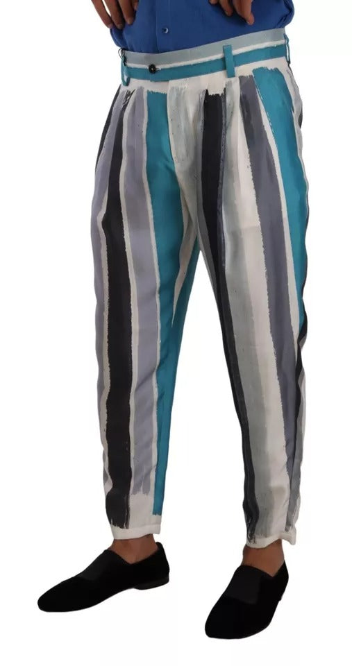Dolce & Gabbana Blue Striped Silk Tapered Pants | Regal Royce