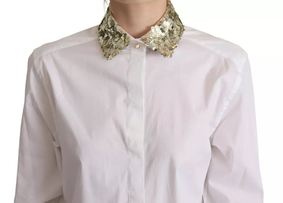 Dolce & Gabbana White Cotton Collared Long Sleeves Sequin Top Shirt | Regal Royce