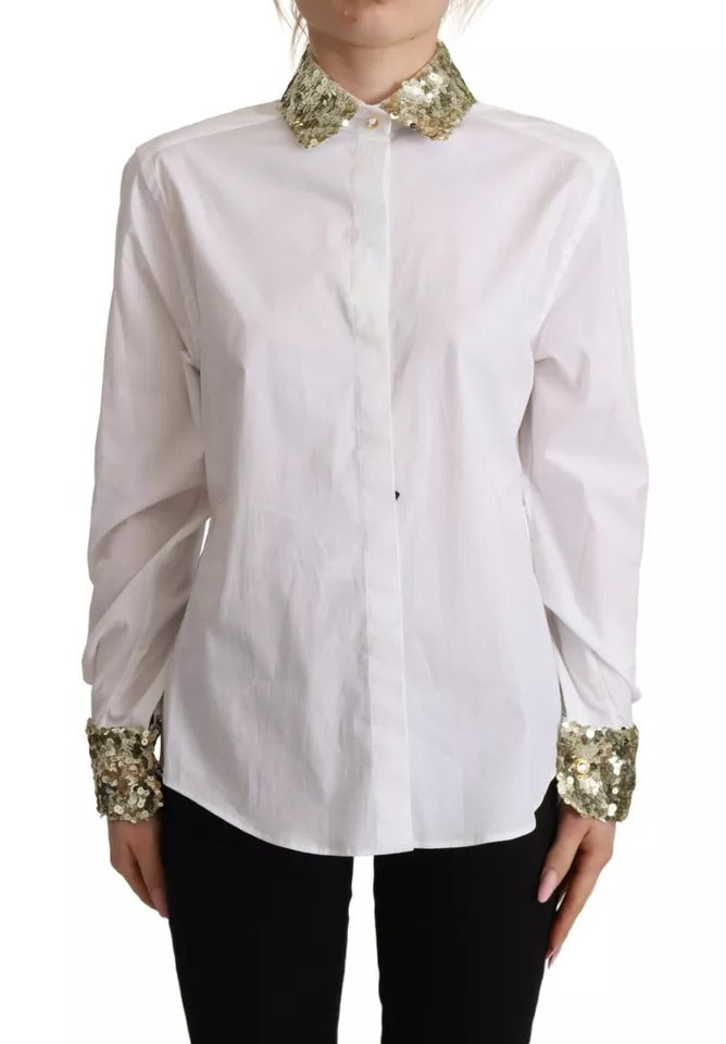 Dolce & Gabbana White Cotton Collared Long Sleeves Sequin Top Shirt | Regal Royce