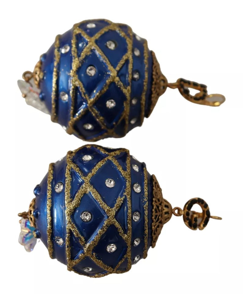 Dolce & Gabbana Gold Brass Blue Christmas Ball Crystal Hook Jewelry Earrings | Regal Royce