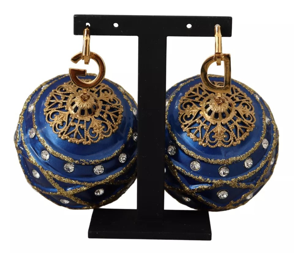 Dolce & Gabbana Gold Brass Blue Christmas Ball Crystal Hook Jewelry Earrings | Regal Royce