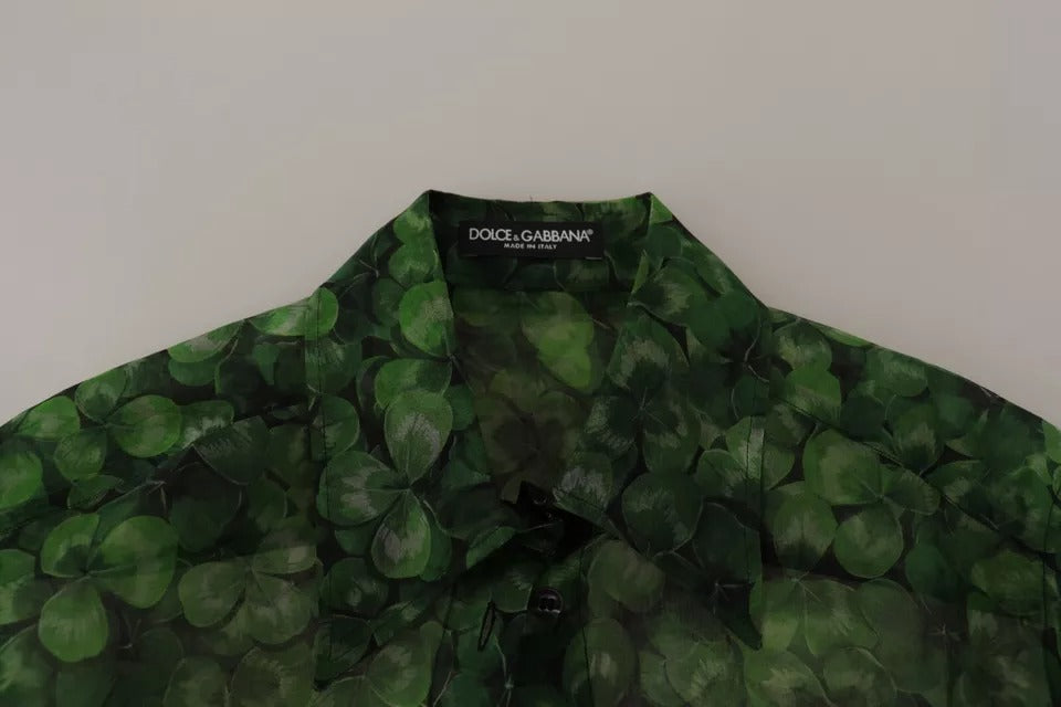 Dolce & Gabbana Green Clover Print Long Sleeves Collared Top Blouse | Regal Royce