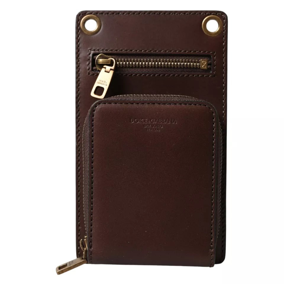 Dolce & Gabbana Brown Calf Leather Zip Logo Shoulder Neck Strap Wallet | Regal Royce