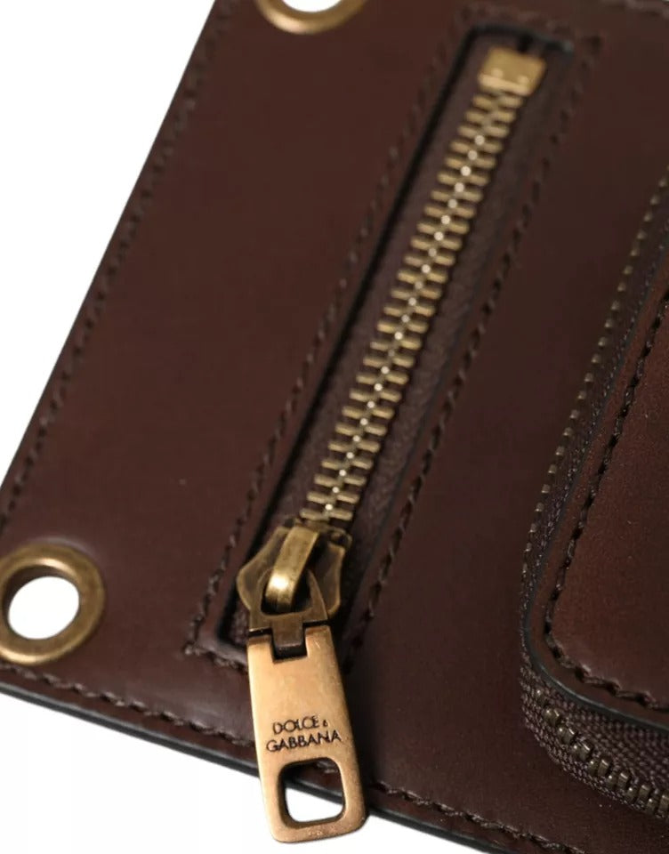 Dolce & Gabbana Brown Calf Leather Zip Logo Shoulder Neck Strap Wallet | Regal Royce