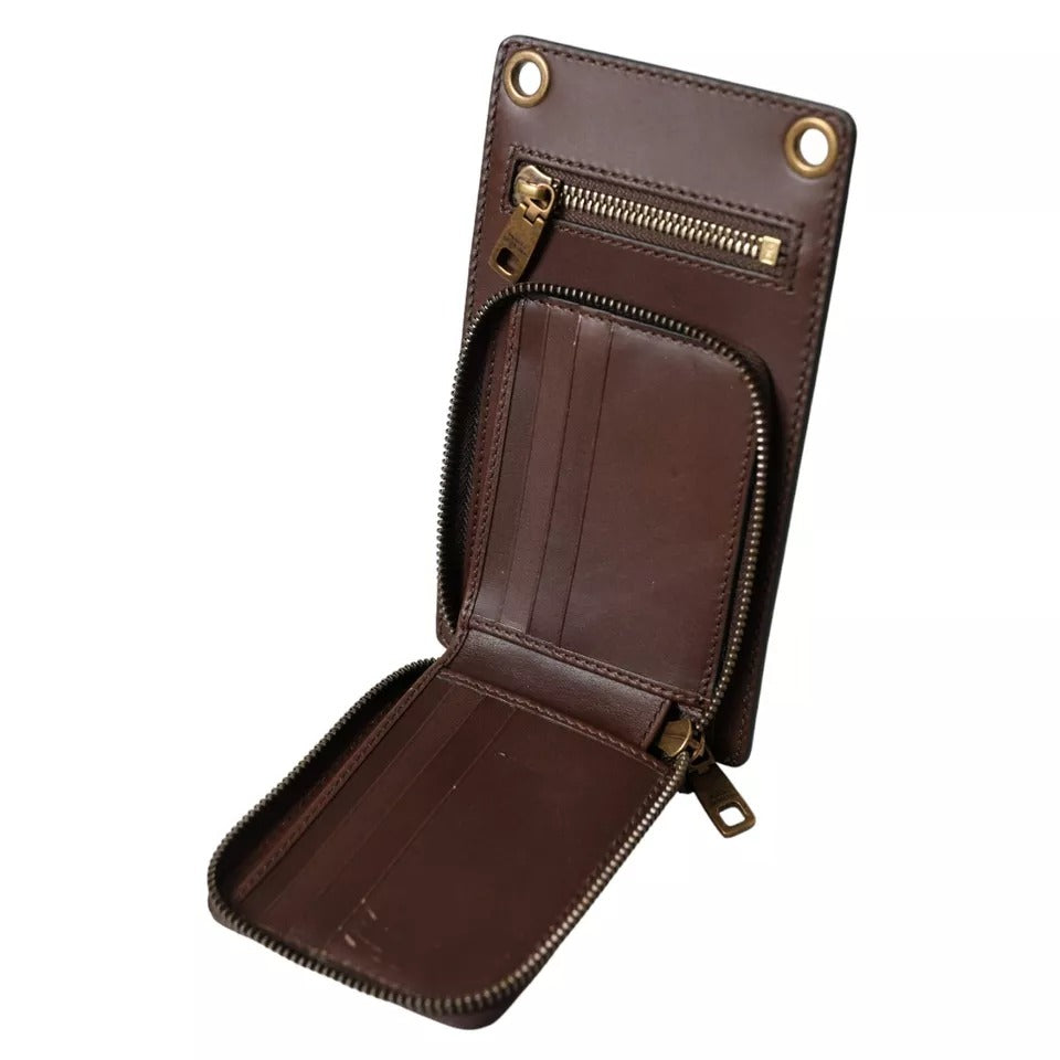 Dolce & Gabbana Brown Calf Leather Zip Logo Shoulder Neck Strap Wallet | Regal Royce