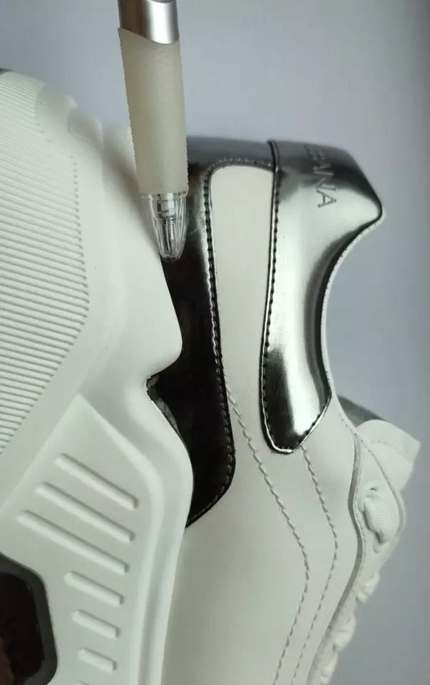 Dolce & Gabbana White Silver DAYMASTER Leather Sneakers Men Shoes | Regal Royce