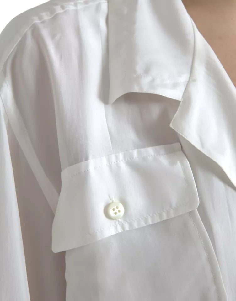 Dolce & Gabbana White Silk Collared 3/4 Sleeves Blouse Top | Regal Royce