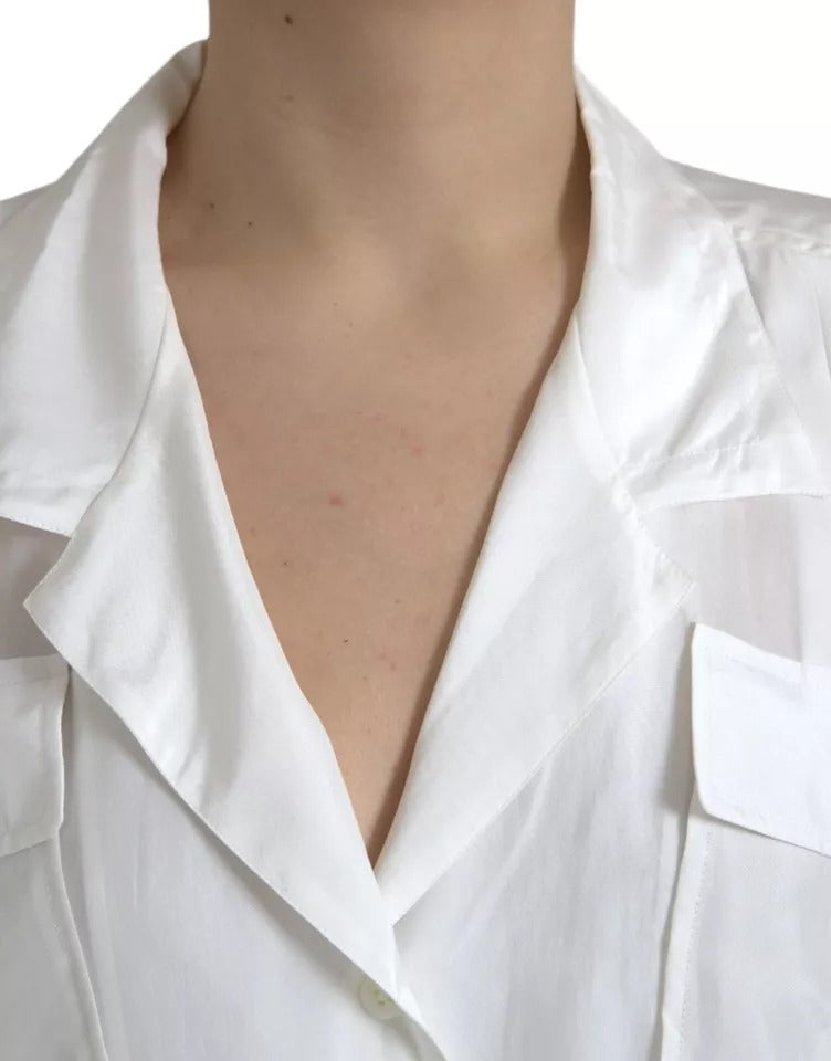 Dolce & Gabbana White Silk Collared 3/4 Sleeves Blouse Top | Regal Royce