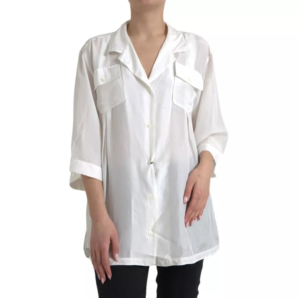 Dolce & Gabbana White Silk Collared 3/4 Sleeves Blouse Top | Regal Royce