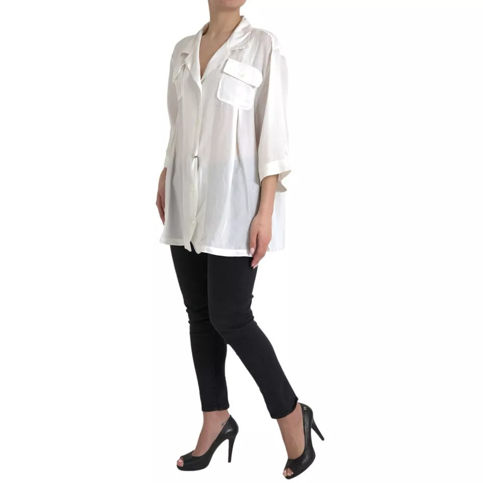 Dolce & Gabbana White Silk Collared 3/4 Sleeves Blouse Top | Regal Royce