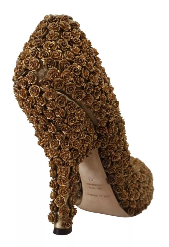 Dolce & Gabbana Gold Roses Embellished Heels Pumps Shoes | Regal Royce
