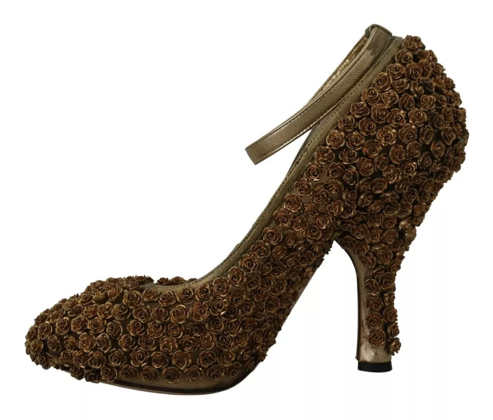 Dolce & Gabbana Gold Roses Embellished Heels Pumps Shoes | Regal Royce