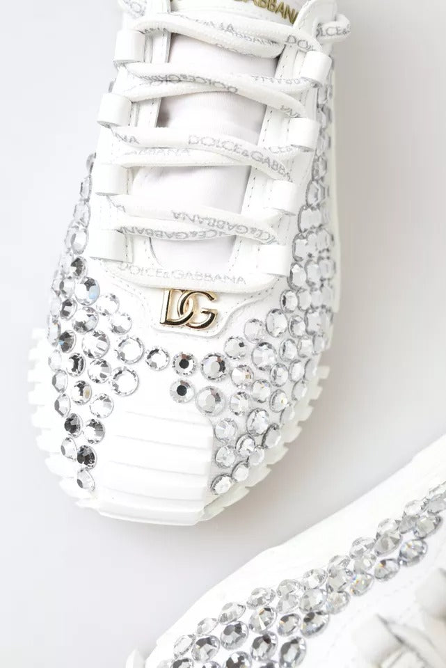 Dolce & Gabbana White NS1 Canvas Leather Embellished Sneakers Shoes | Regal Royce