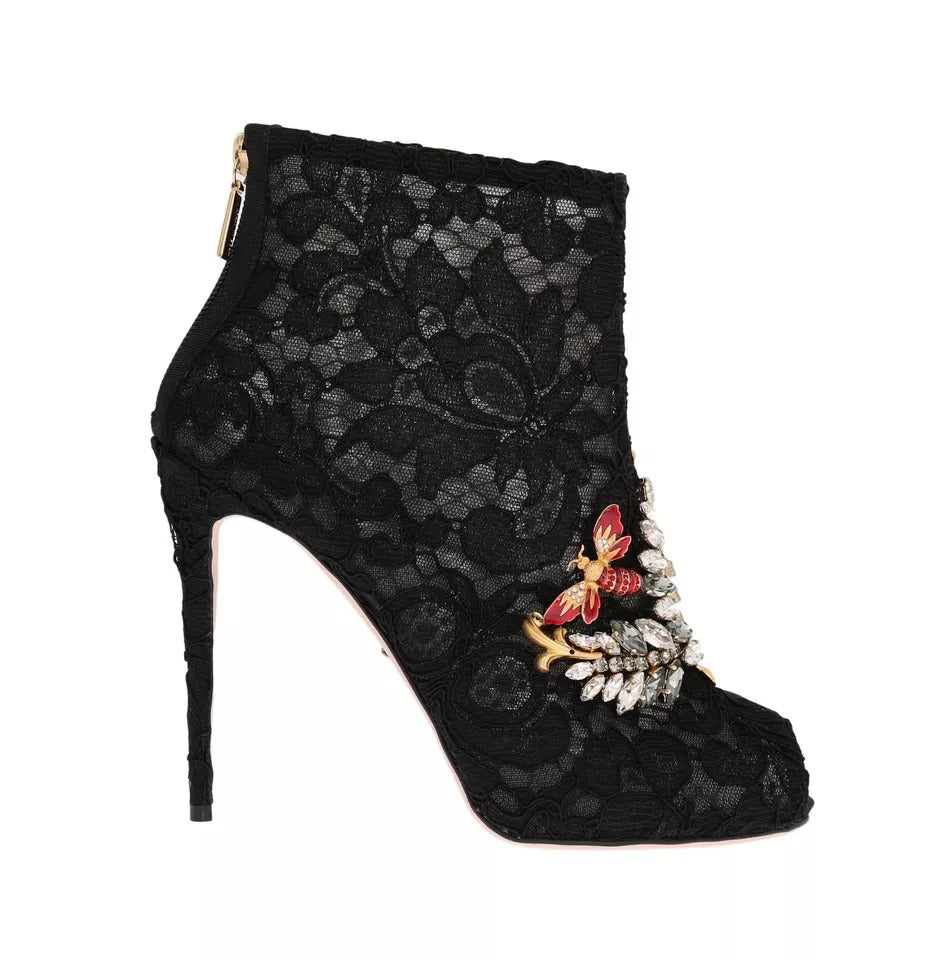 Dolce & Gabbana Black Crystal Lace Booties Stilettos Shoes | Regal Royce