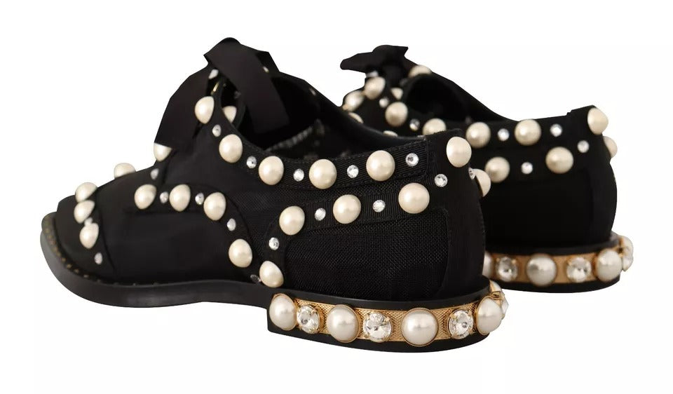 Dolce & Gabbana Black Lace Up Jewelled Formal Flats Shoes | Regal Royce