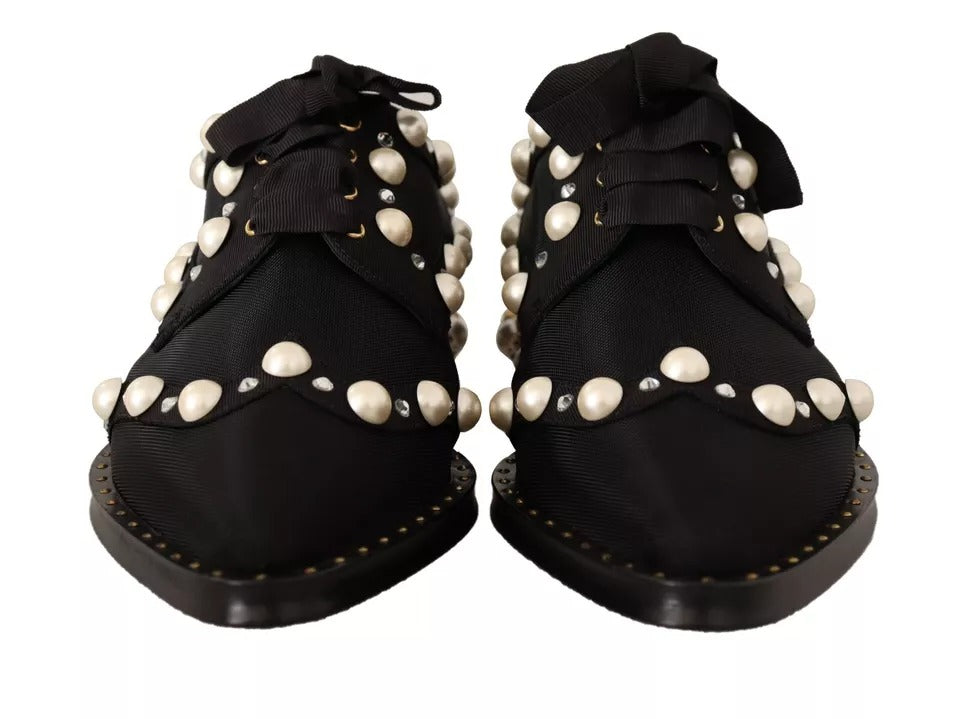 Dolce & Gabbana Black Lace Up Jewelled Formal Flats Shoes | Regal Royce