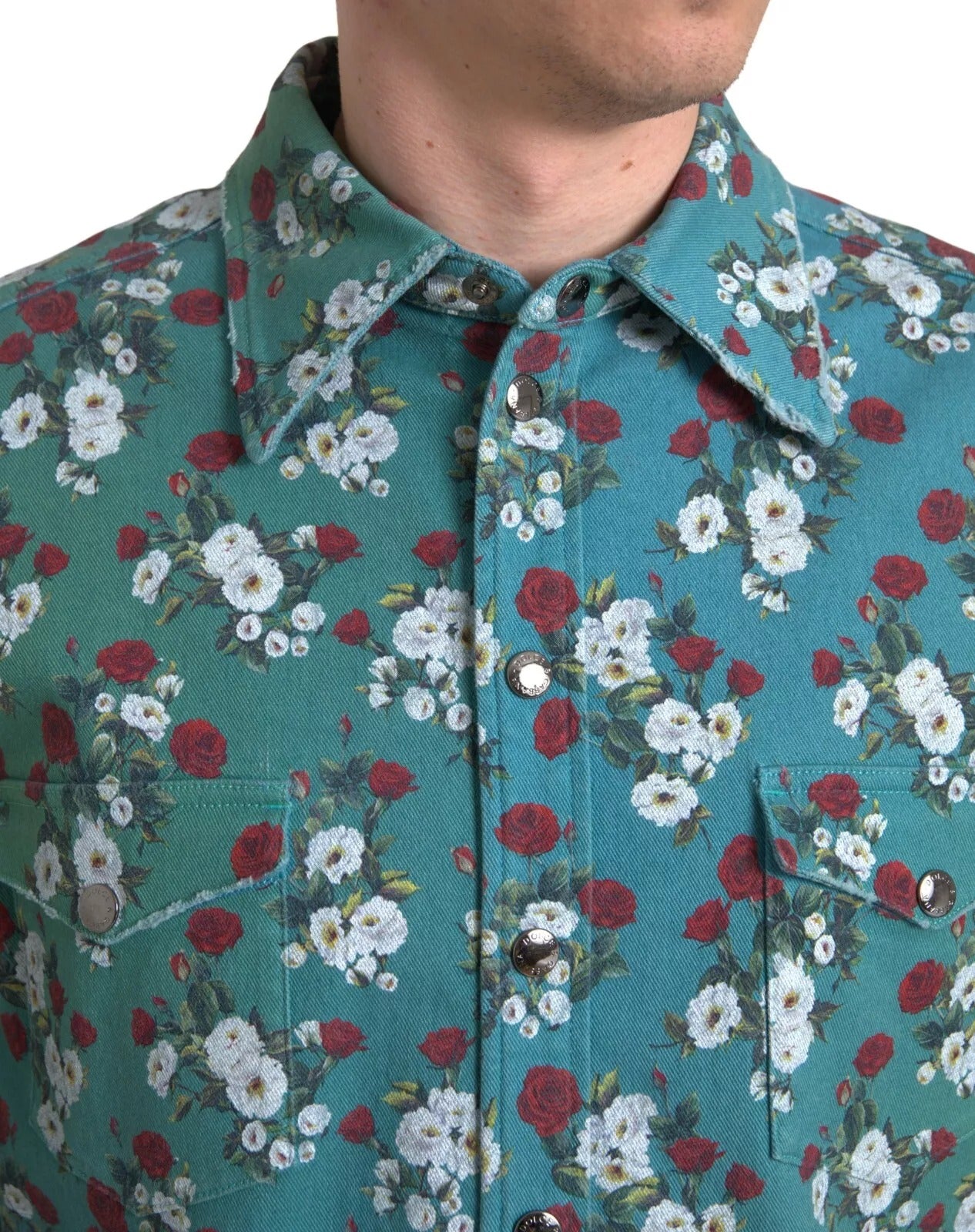 Dolce & Gabbana Blue Floral Cotton Button Down Denim Shirt | Regal Royce