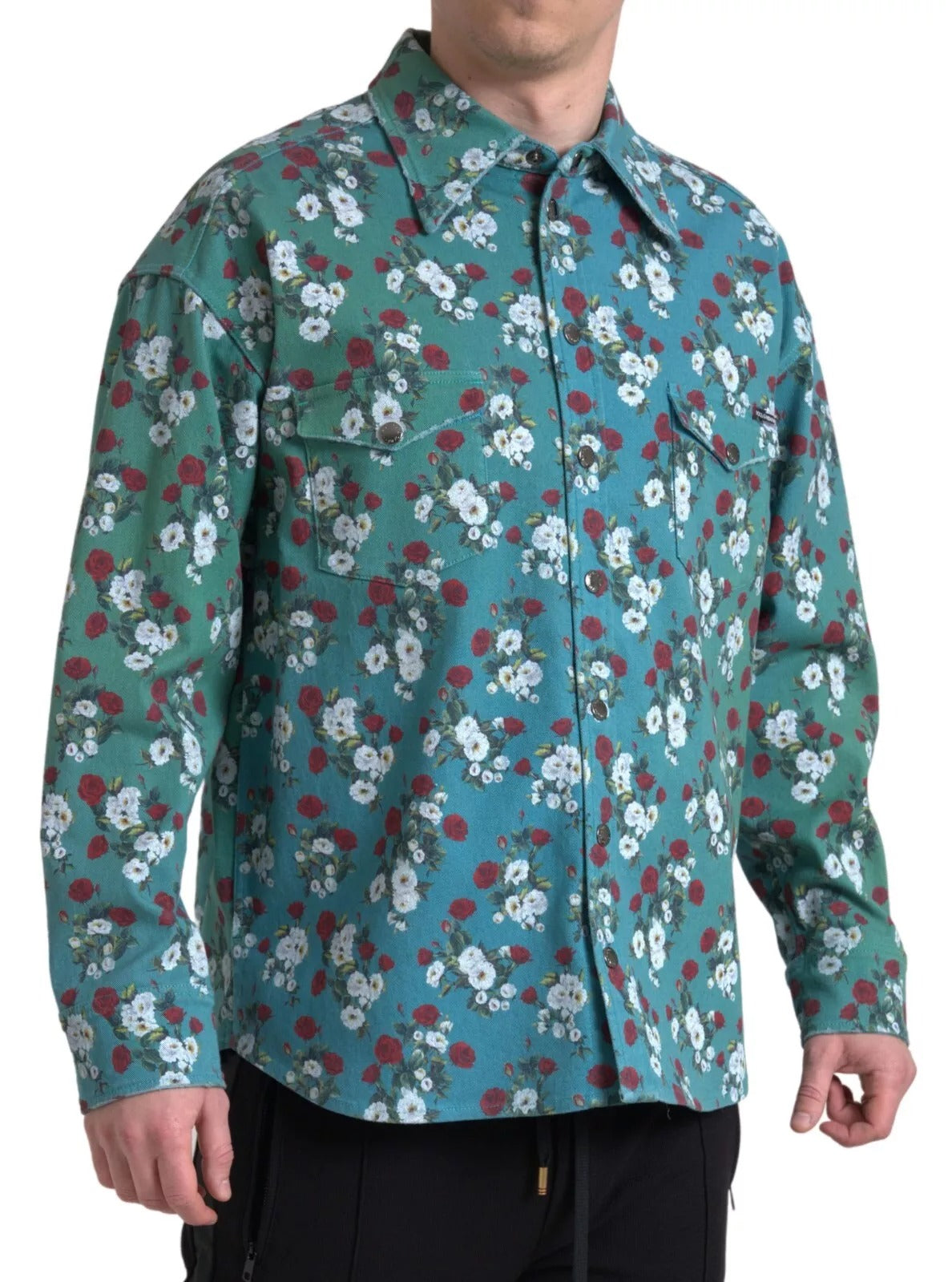 Dolce & Gabbana Blue Floral Cotton Button Down Denim Shirt | Regal Royce