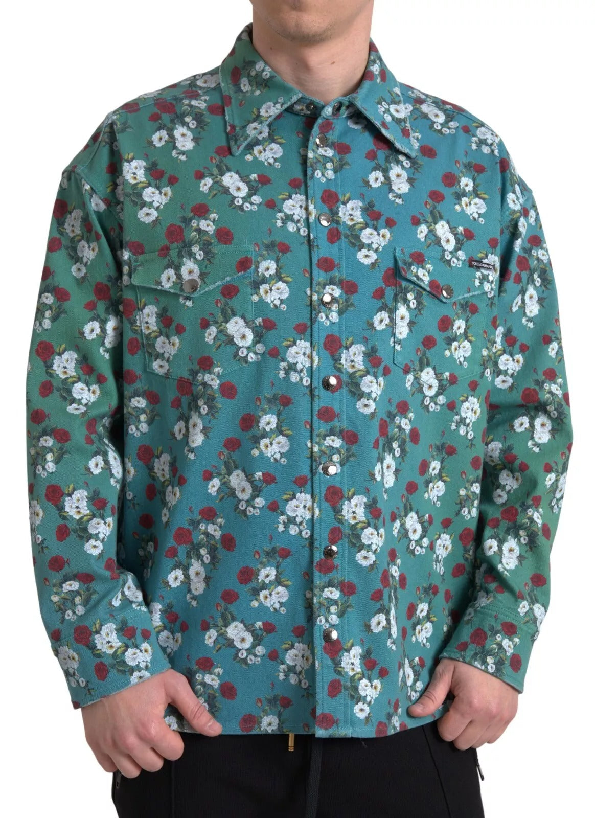 Dolce & Gabbana Blue Floral Cotton Button Down Denim Shirt | Regal Royce